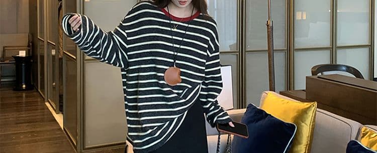 지금 지금 2026 이른 가을 신제품 임산부 스트라이프 긴팔 연삭 털 배색 루즈핏 느긋한 풀오버 맨위 반신 스커트 상세 이미지 40