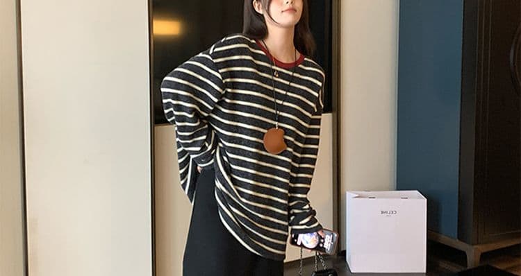 지금 지금 2026 이른 가을 신제품 임산부 스트라이프 긴팔 연삭 털 배색 루즈핏 느긋한 풀오버 맨위 반신 스커트 상세 이미지 48