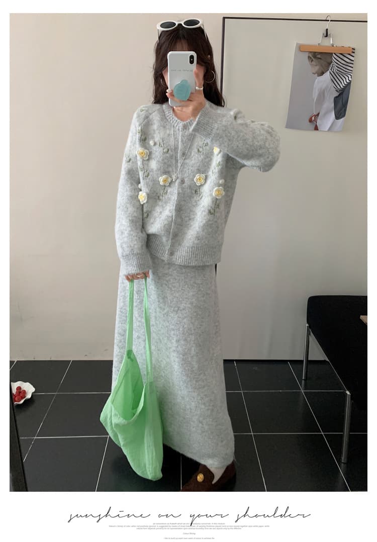 2026 가을 겨울 새로운 임산부 디자인 센스 꽃 품격 한국 스타일 슬림해 보이는 오픈 가디건 반신 스커트 스웨터 세트 상세 이미지 11