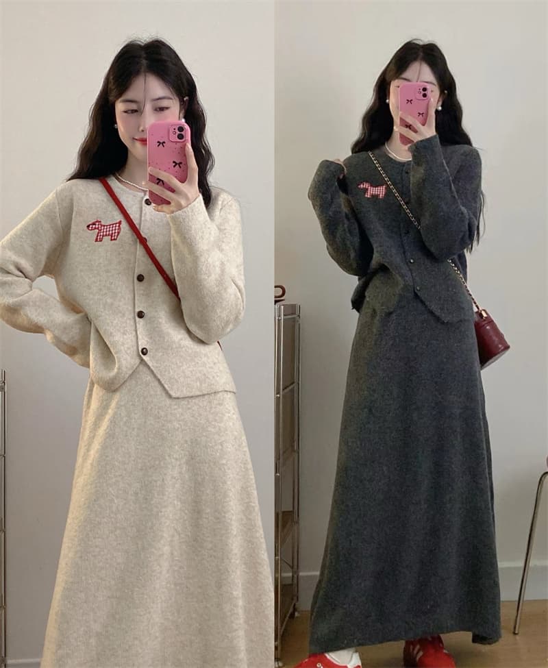 질량 2026 가을 겨울 새로운 인터넷 유명인 패션 강아지 임산부 스웨터 반신 스커트 수 있습니다. 조정 세트 이미지 2