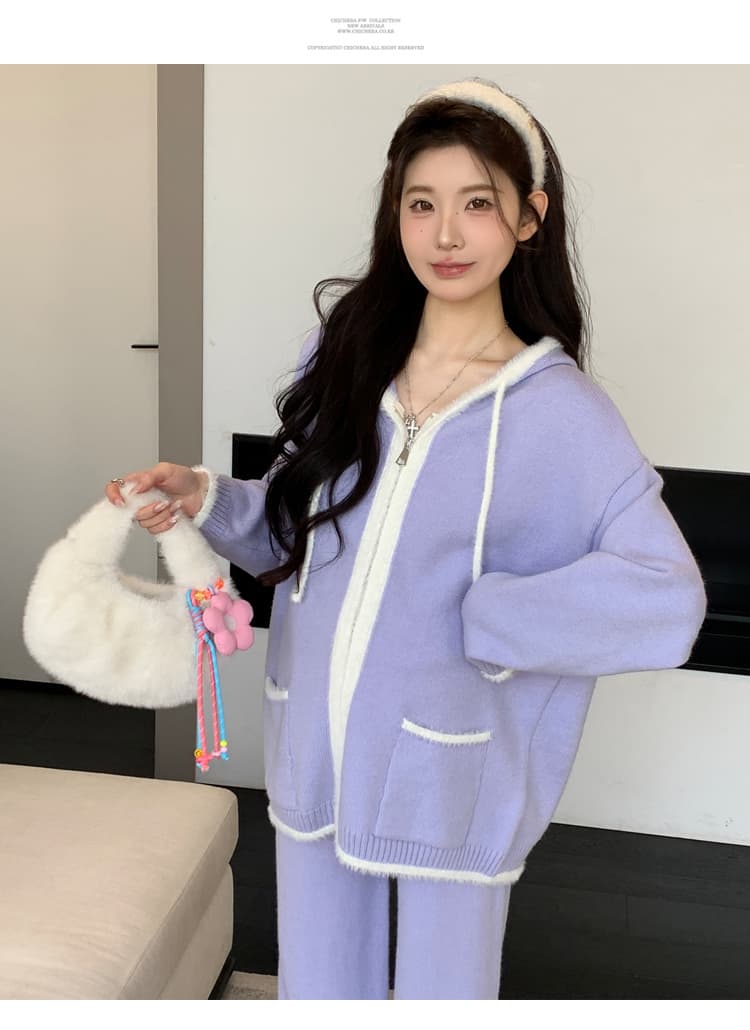 실사 2026 가을 겨울 신제품 임산부 패션 배색 캐주얼 스웨터 지퍼 후드 와이드 레그 팬츠 세트 상세 이미지 15