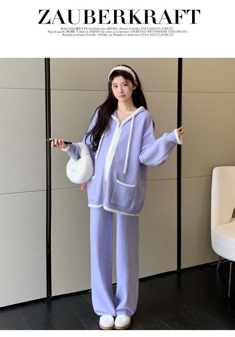 실사 2026 가을 겨울 신제품 임산부 패션 배색 캐주얼 스웨터 지퍼 후드 와이드 레그 팬츠 세트 상세 이미지 23