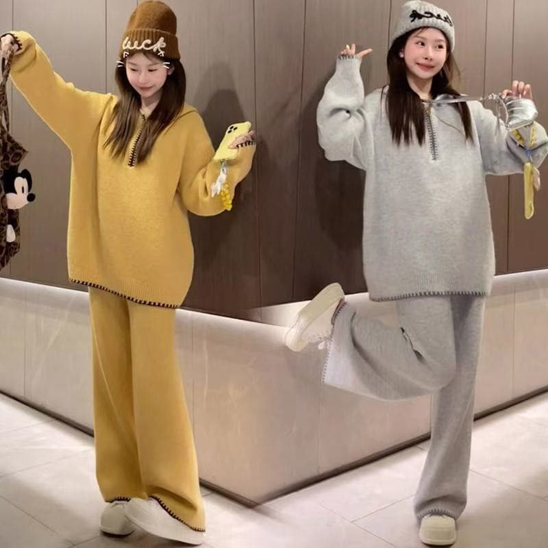 지금 2026 임산부 가을과 겨울 세트 대 에디션 느긋한 캐주얼 두꺼운 후드 맨위 와이드 레그 팬츠 투피스 세트 이미지 4