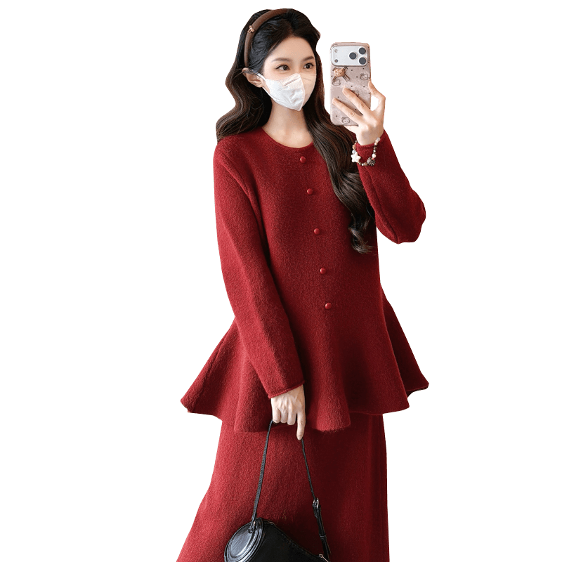 실사 지금 임산부 세트 패션 외국 가스 세련된 프랑스식 작은 샤넬 스타일 맨위 반신 스커트 가을과 겨울 투피스 세트 이미지 5