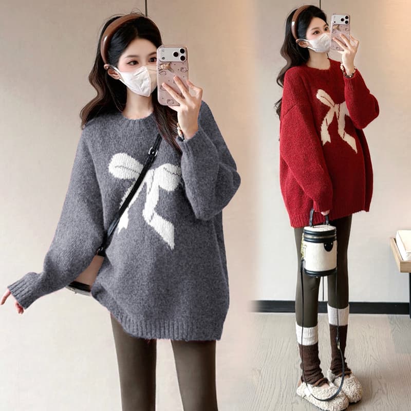 실사 출산 착용 2026 가을 겨울 새로운 나비 매듭 자카드 풀오버 루즈핏 스웨터 경기 털이 있는 와이드 레그 팬츠 세트 이미지 2