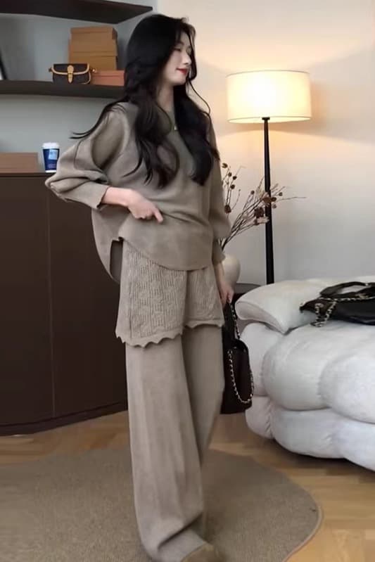 지금 신제품 임산부 느긋한 캐주얼 세트 가을 겨울 새로운 니트 스웨터 스웨터 방귀 커튼 바지 투피스 세트 착용 가져 가라. 이미지 6