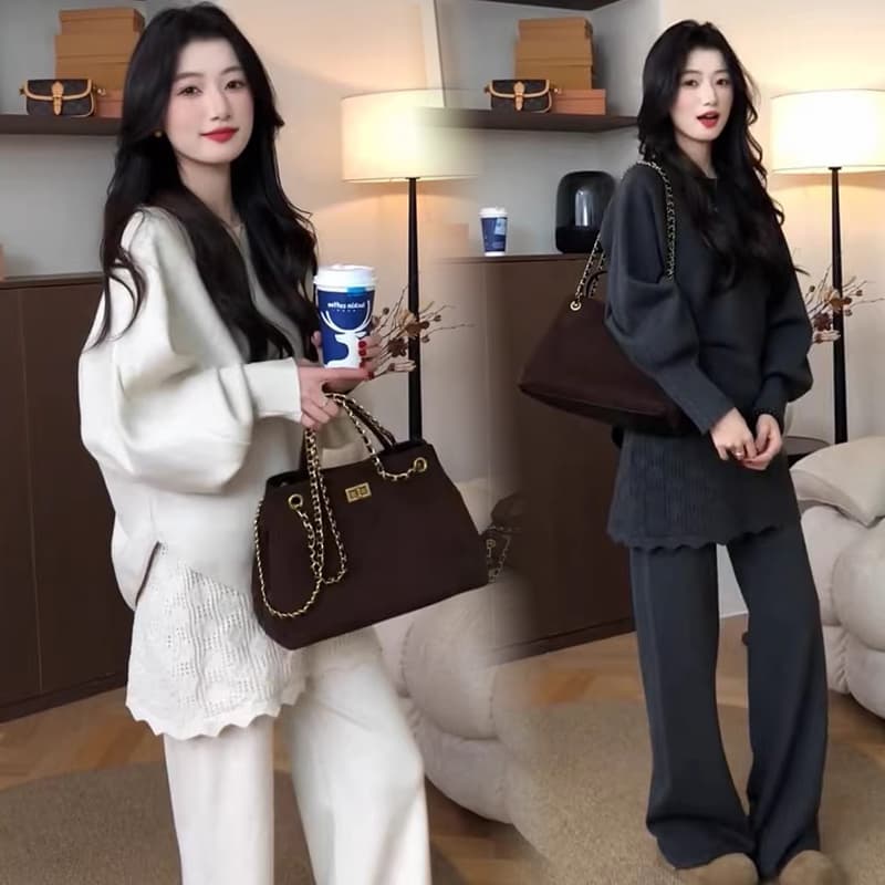 지금 신제품 임산부 느긋한 캐주얼 세트 가을 겨울 새로운 니트 스웨터 스웨터 방귀 커튼 바지 투피스 세트 착용 가져 가라. 이미지 2