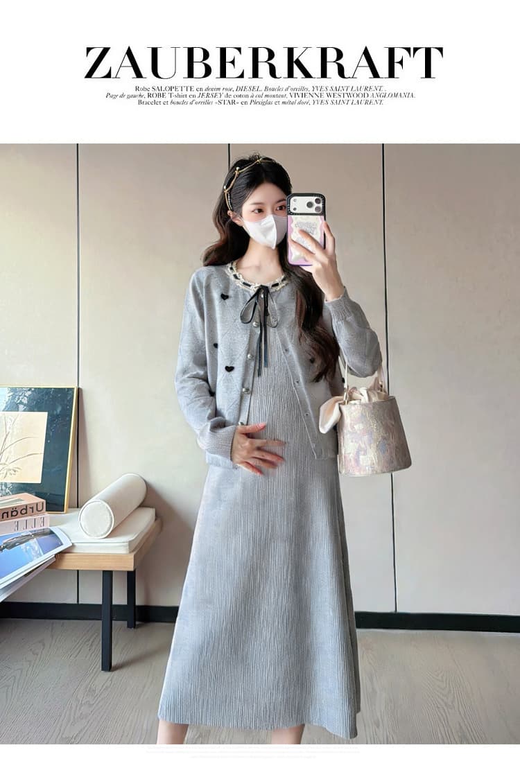 실사 2026 임산부 신제품 작은 샤넬 스타일 세트 트렌디 엄마 외국 가스 슬림해 보이는 카디건 코트 조끼 스커트 투피스 세트 상세 이미지 23