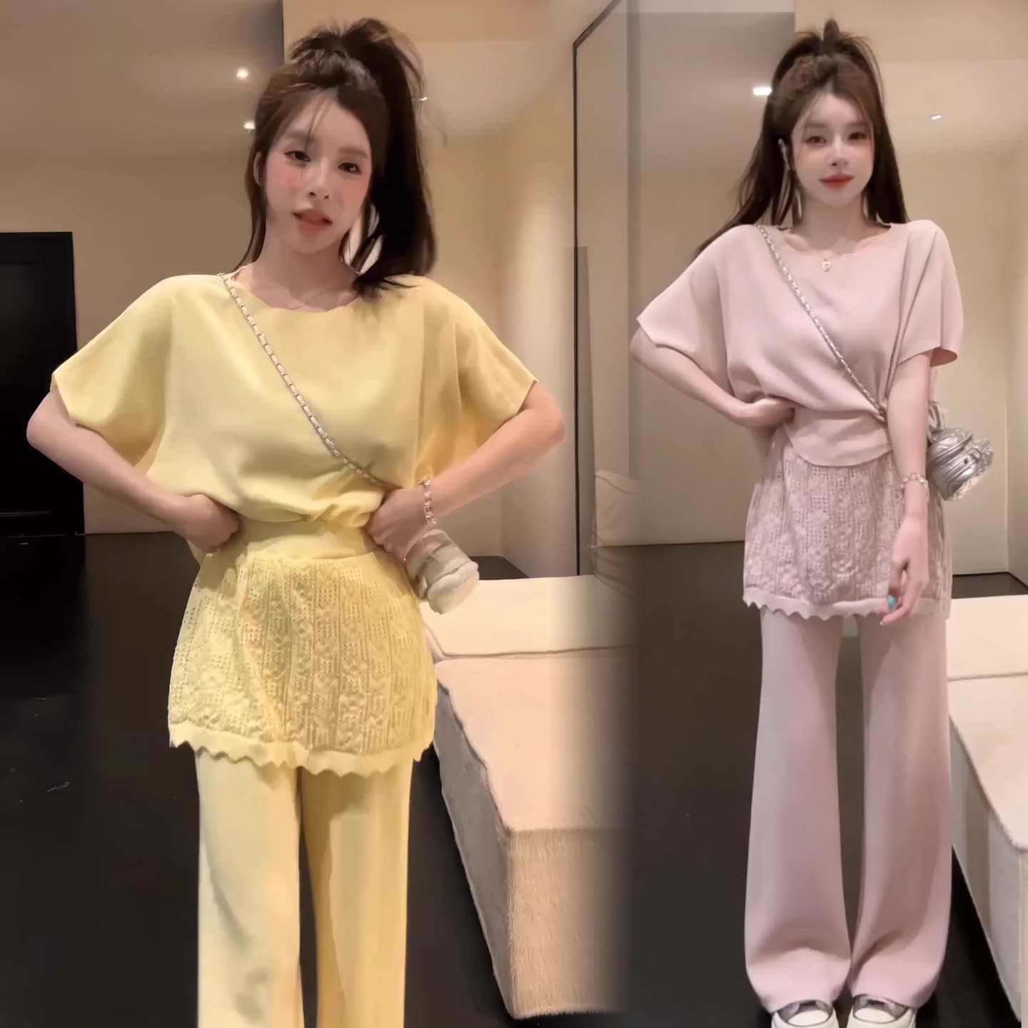 대 핏 스타일 2026 여름 신제품 임산부 느긋한 캐주얼 세트 니트 스웨터 랩스커트팬츠 바지 투피스 세트 착용 가져 가라. 이미지 2