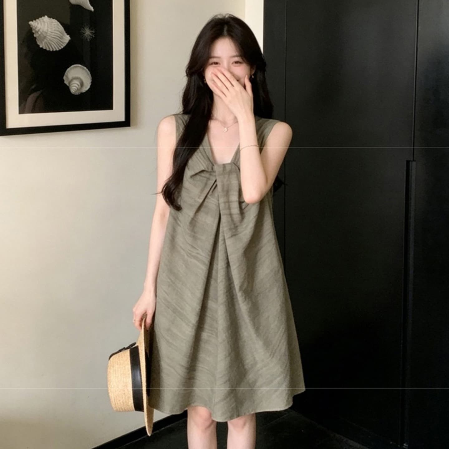 여름 신제품 레트로 매듭 V넥 루즈핏 빅 사이즈 임산부 드레스 캐주얼 슬림해 보이는 새로운 출산 스커트 이미지 4