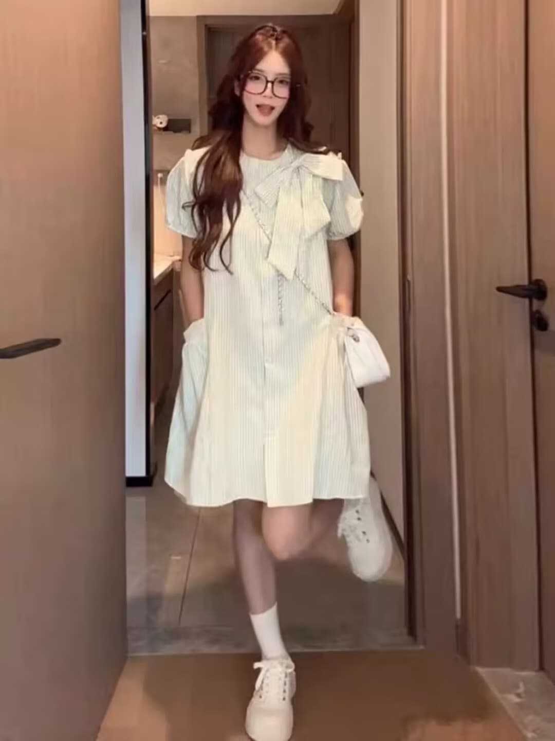 여름 신제품 부드러운 바람 나비 매듭 연령 감소 캐주얼 달콤함 한국 스타일 박하 녹색 스트라이프 임산부 드레스 이미지 4