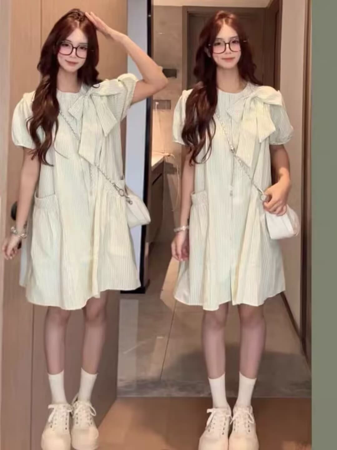 여름 신제품 부드러운 바람 나비 매듭 연령 감소 캐주얼 달콤함 한국 스타일 박하 녹색 스트라이프 임산부 드레스 이미지 3