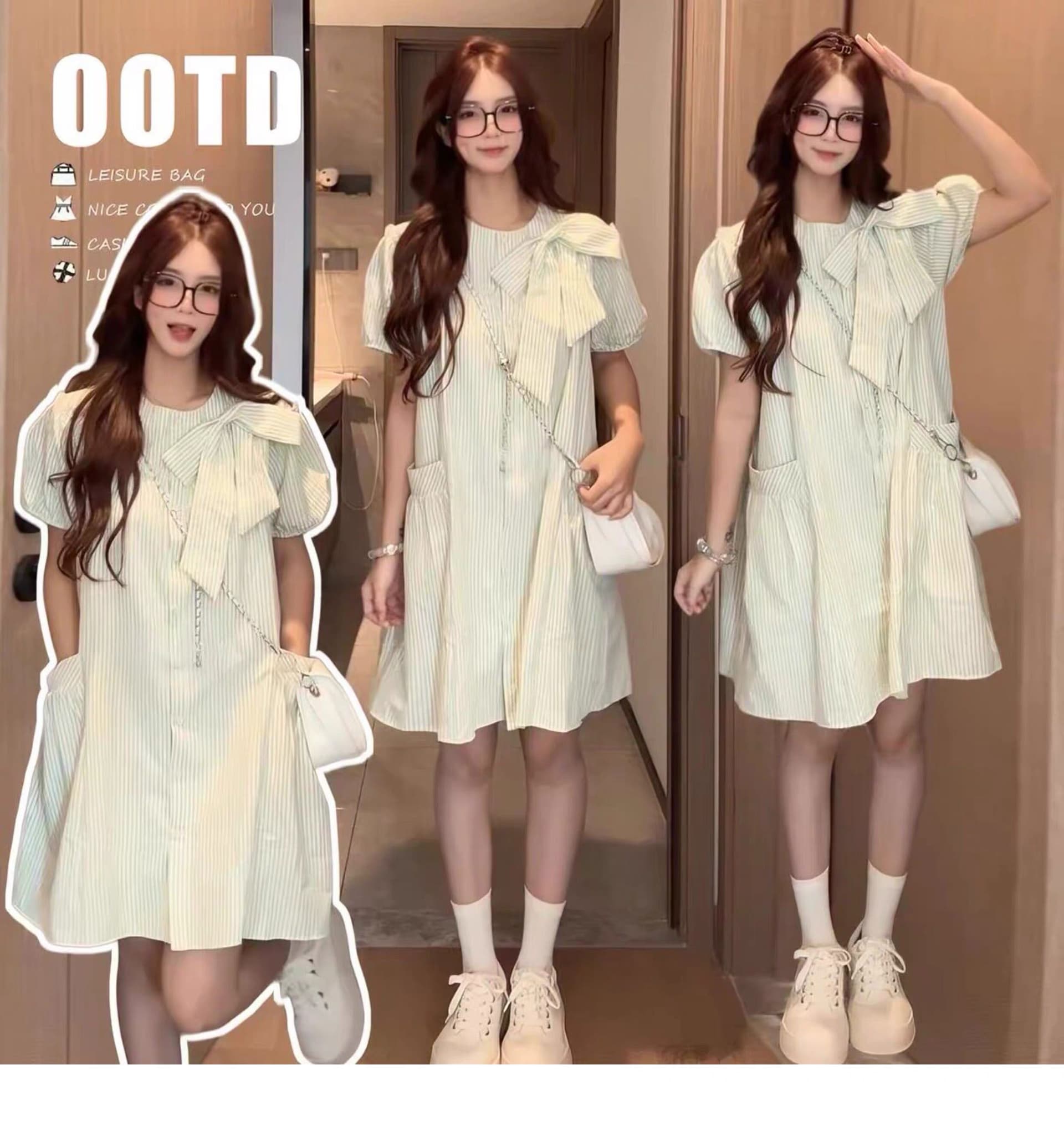 여름 신제품 부드러운 바람 나비 매듭 연령 감소 캐주얼 달콤함 한국 스타일 박하 녹색 스트라이프 임산부 드레스 상세 이미지 1