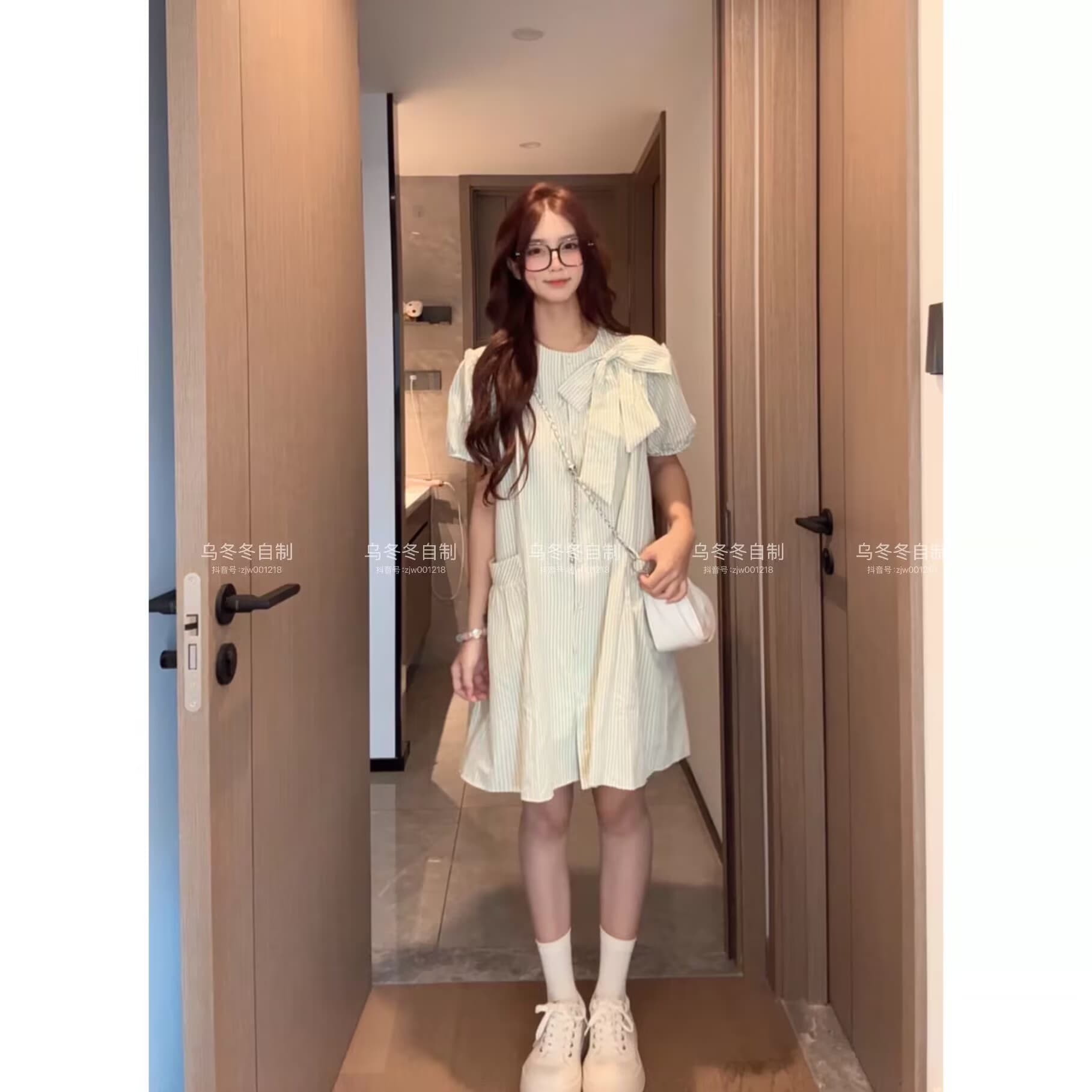 여름 신제품 부드러운 바람 나비 매듭 연령 감소 캐주얼 달콤함 한국 스타일 박하 녹색 스트라이프 임산부 드레스 상세 이미지 6