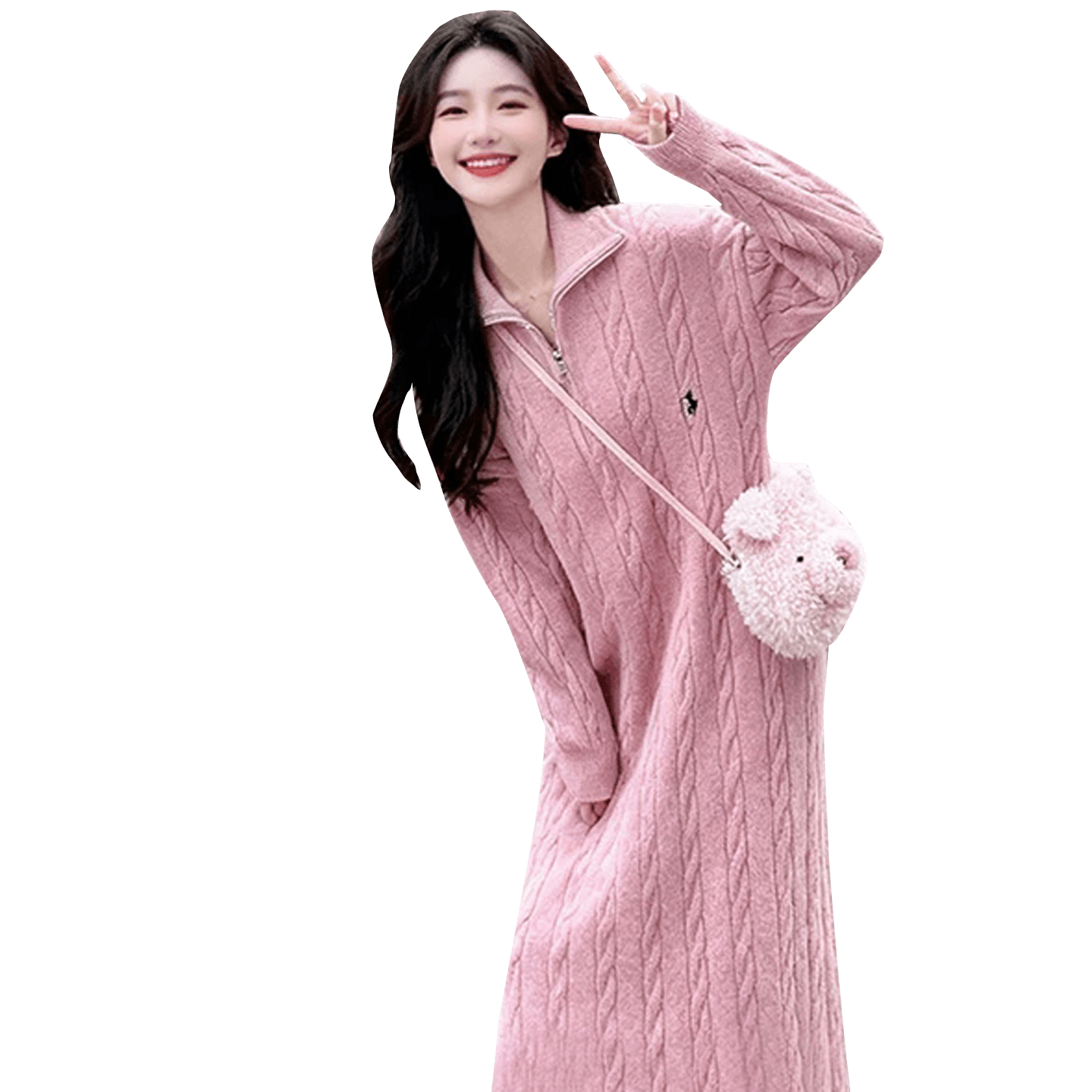 출산 착용 새로운 디자인 센스 반하이넥 지퍼 롱 코트 스웨터 드레스 가을 겨울철 품격 드레스 기본 셔츠 이미지 5