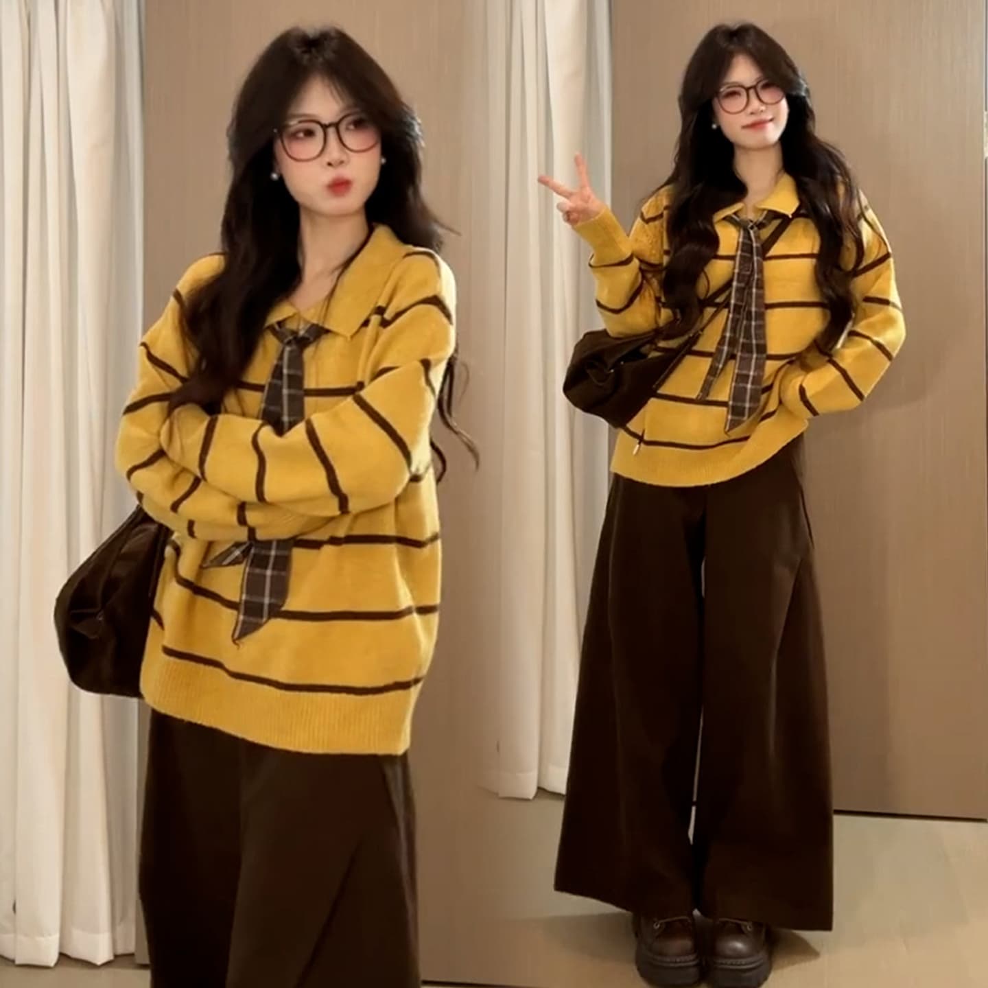 지금 한 부서 출산 착용 POLO 칼라 스트라이프 풀오버 두꺼운 스웨터 여자 가을 겨울 느긋한 루즈핏 니트 스웨터 맨위 이미지 3