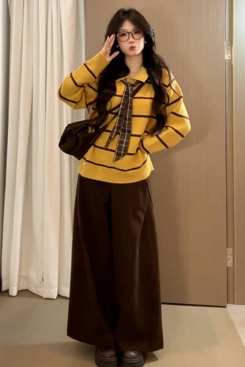 지금 한 부서 출산 착용 POLO 칼라 스트라이프 풀오버 두꺼운 스웨터 여자 가을 겨울 느긋한 루즈핏 니트 스웨터 맨위 이미지 6