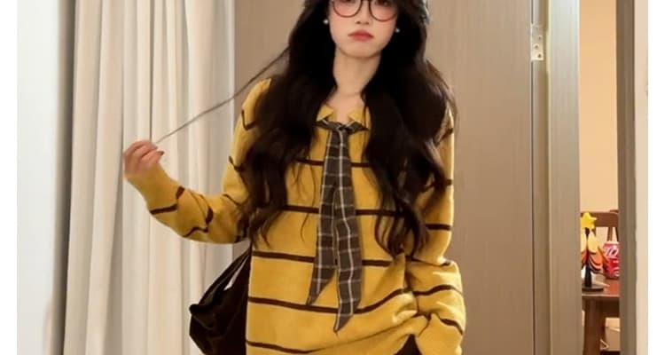 지금 한 부서 출산 착용 POLO 칼라 스트라이프 풀오버 두꺼운 스웨터 여자 가을 겨울 느긋한 루즈핏 니트 스웨터 맨위 상세 이미지 38