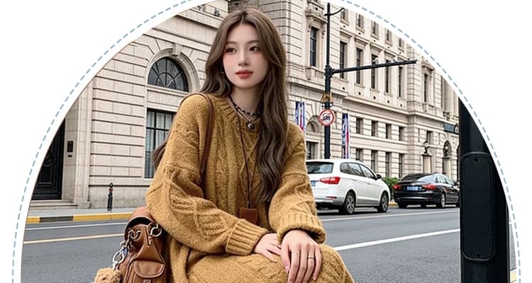 지금 임산부 클래식 꽈배기 중간 길이 풀오버 스웨터 드레스 가을 겨울 루즈핏 슬림해 보이는 무릎 아래 니트 스웨터 롱 스커트 상세 이미지 4