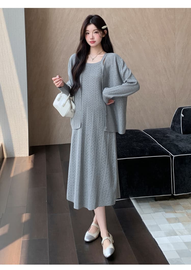 실사 임산부 가을 겨울 새로운 패션 루즈핏 빅 사이즈 홀로우 아웃 니트 오픈 가디건 슬립 드레스 품격 한 투피스 세트 상세 이미지 16