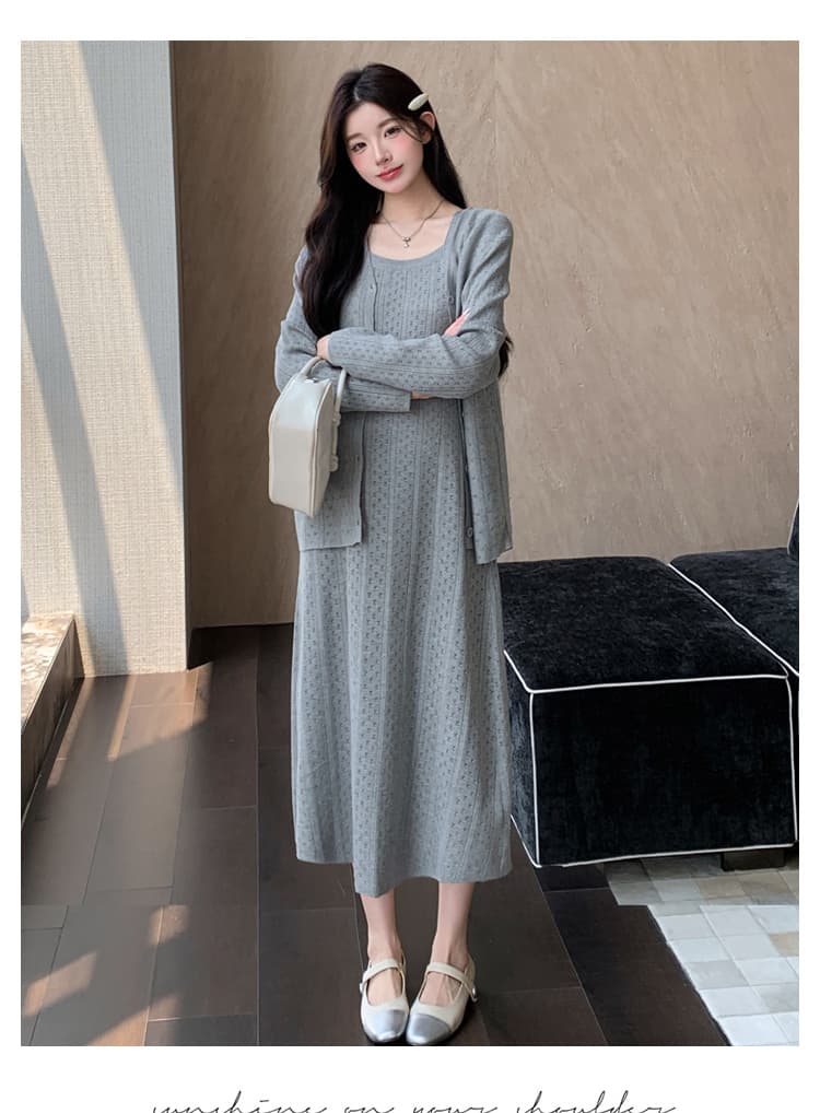 실사 임산부 가을 겨울 새로운 패션 루즈핏 빅 사이즈 홀로우 아웃 니트 오픈 가디건 슬립 드레스 품격 한 투피스 세트 상세 이미지 17