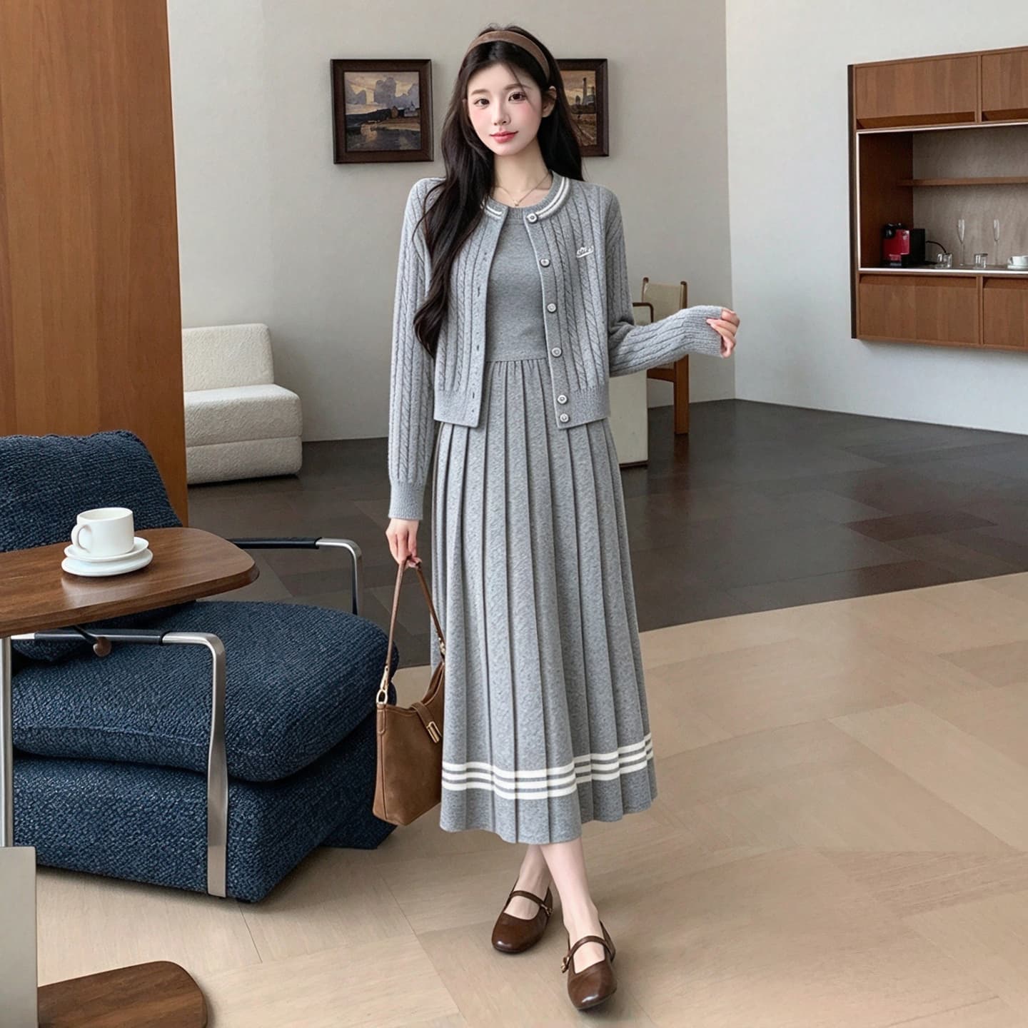 실사 임산부 가을 겨울 신제품 게으른 착용 가져 가라. 한국 스타일 패션 오픈 가디건 조끼 스커트 연령 감소 품격 슬림해 보이는 세트 이미지 3