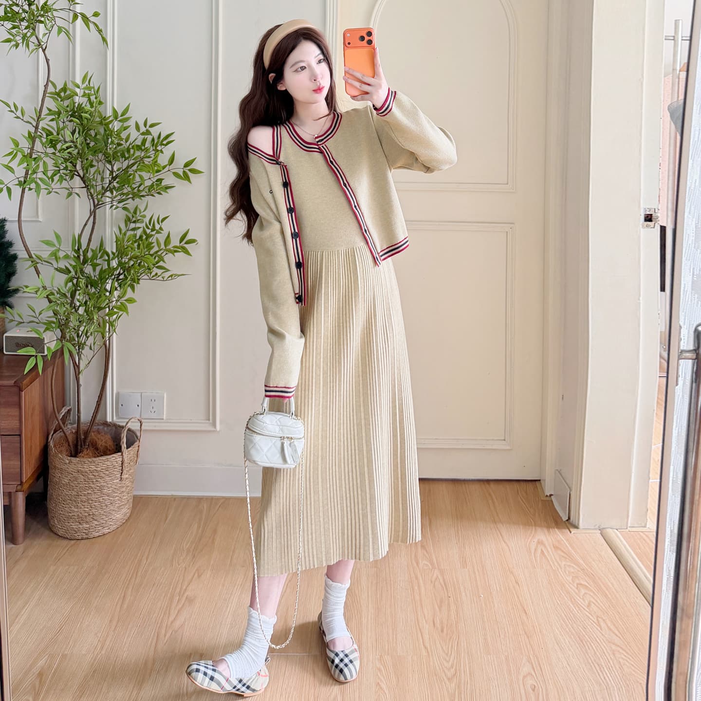 실사 임산부 가을 겨울 신제품 게으른 착용 가져 가라. 한국 스타일 패션 오픈 가디건 조끼 스커트 연령 감소 품격 슬림해 보이는 세트 이미지 4