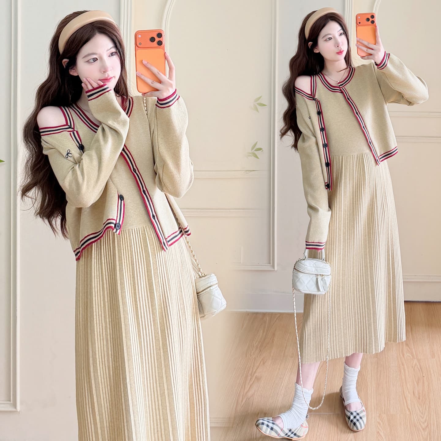 실사 임산부 가을 겨울 신제품 게으른 착용 가져 가라. 한국 스타일 패션 오픈 가디건 조끼 스커트 연령 감소 품격 슬림해 보이는 세트 이미지 2