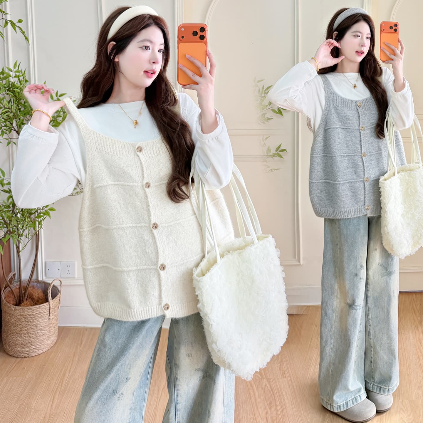 실사 2026 임산부 가을 겨울 신제품 패션 착용 가져 가라. 순면 맨위 임산부 스웨터 베스트 조끼 치마 세트 이미지 2