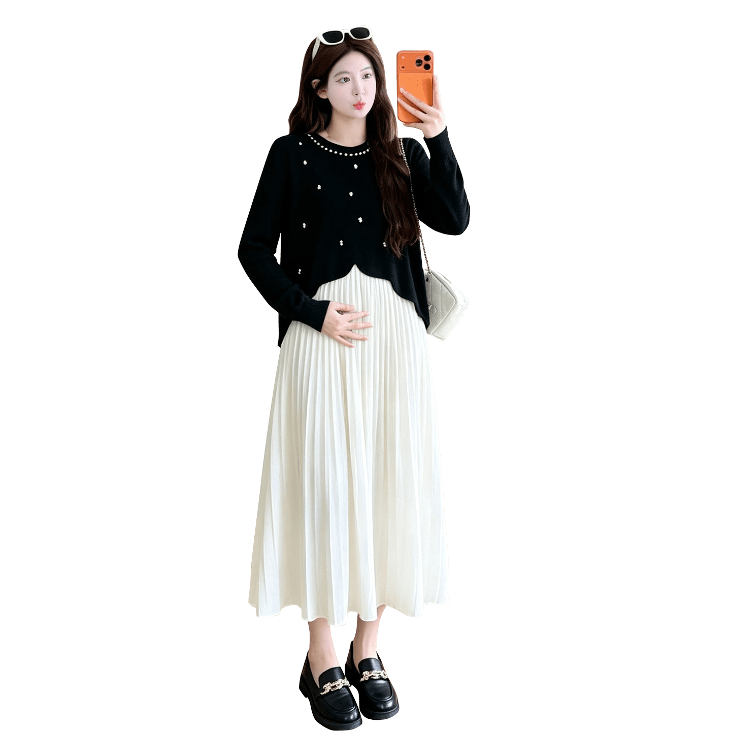 실사 신제품 2026 임산부 가을과 겨울 패션 무거운 작업 비즈 박기 니트 패치워크 쉬폰 임산부 드레스 이미지 5