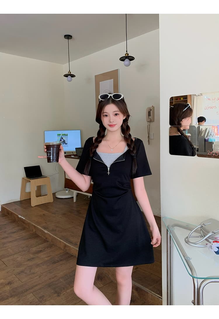 실사 2026 여름 드레스 새로운 지방 mm 빅 사이즈 여성 디자인 센스 페이크 레이어드 허리 수축 슬림해 보이는 길다 쇼트 스타일 드레스 상세 이미지 16