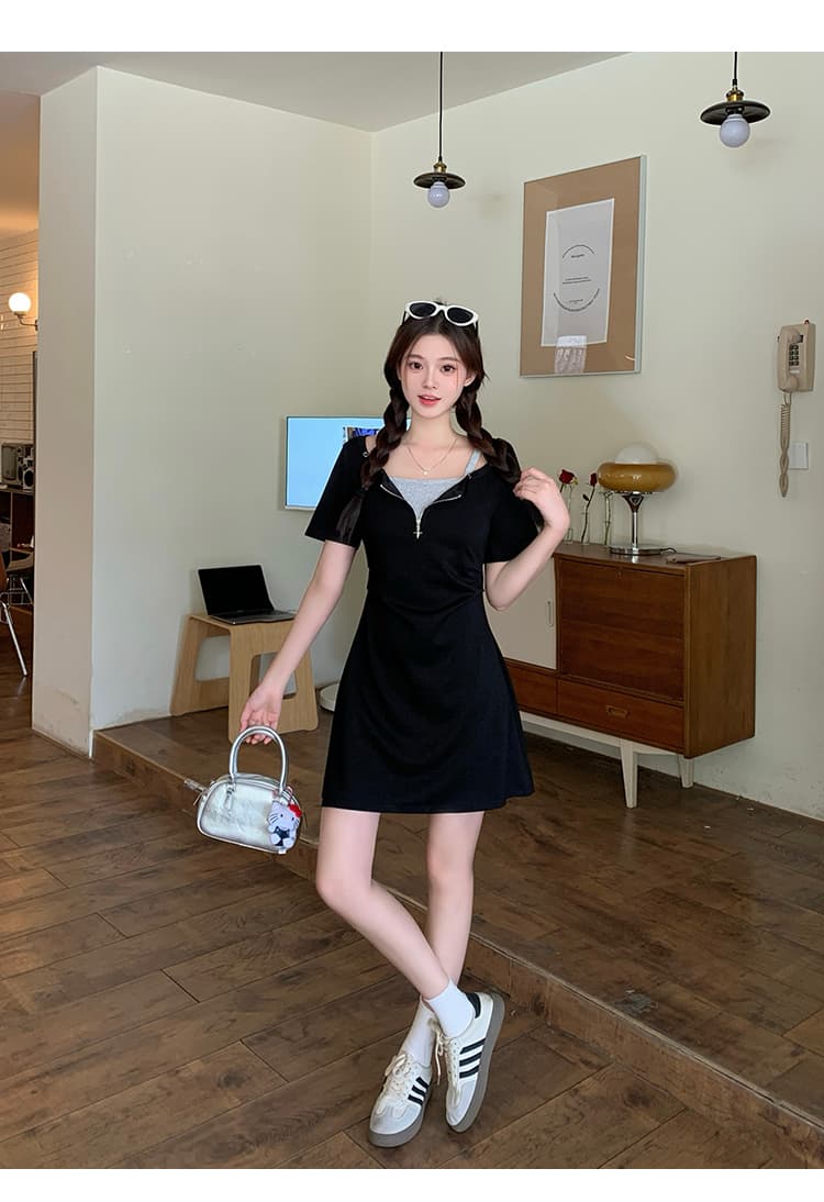 실사 2026 여름 드레스 새로운 지방 mm 빅 사이즈 여성 디자인 센스 페이크 레이어드 허리 수축 슬림해 보이는 길다 쇼트 스타일 드레스 상세 이미지 20