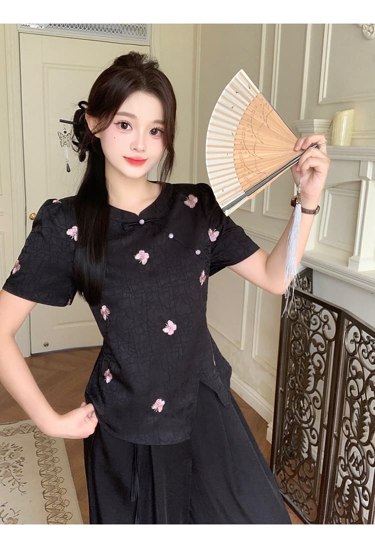 실사 2026 여름 드레스 새로운 지방 mm 빅 사이즈 여성 새로운 중식 국풍 불규칙 반팔 맨위 와이드 레그 팬츠 세트 상세 이미지 8