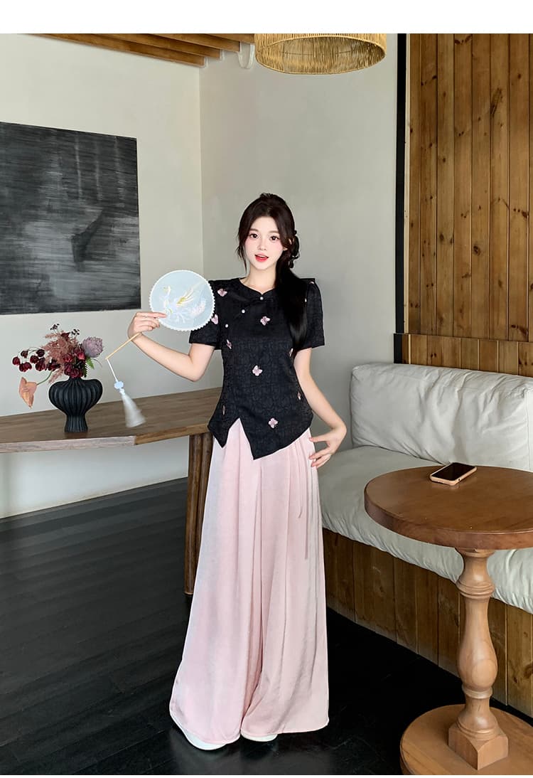 실사 2026 여름 드레스 새로운 지방 mm 빅 사이즈 여성 새로운 중식 국풍 불규칙 반팔 맨위 와이드 레그 팬츠 세트 상세 이미지 23