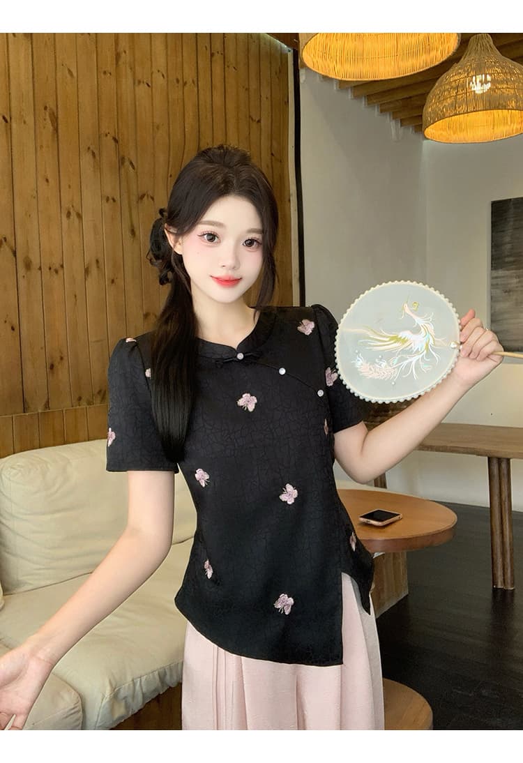 실사 2026 여름 드레스 새로운 지방 mm 빅 사이즈 여성 새로운 중식 국풍 불규칙 반팔 맨위 와이드 레그 팬츠 세트 상세 이미지 26