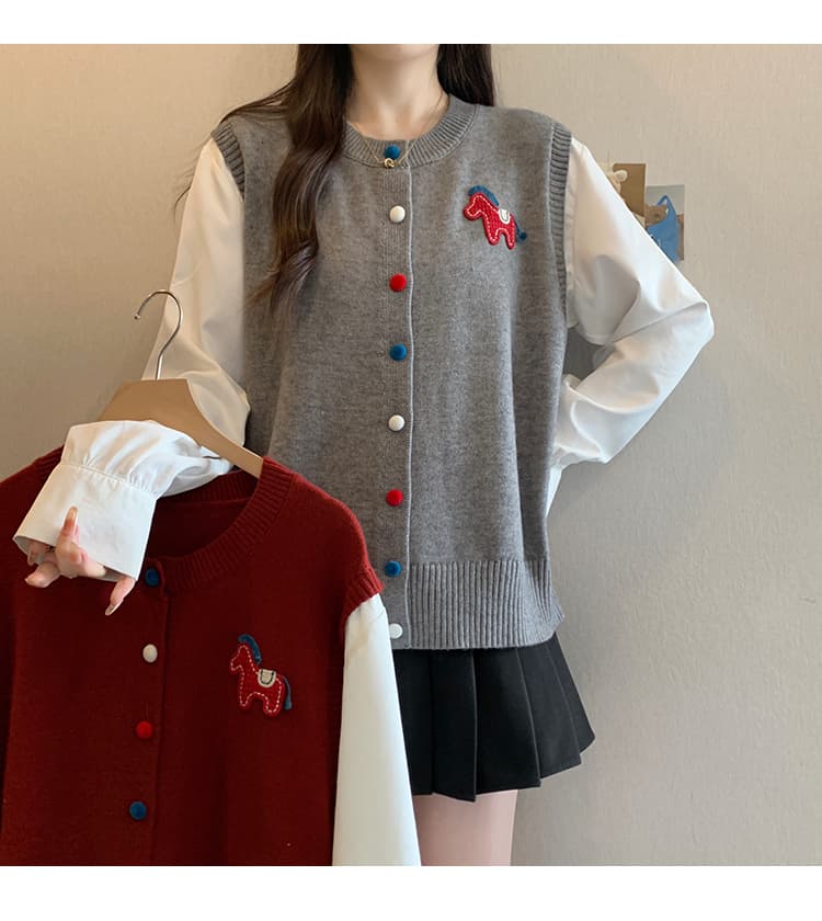 정가 실사 2026 봄 드레스 새로운 지방 mm 빅 사이즈 여성 한 부서 작은 말 페이크 레이어드 긴팔 니트 맨위 상세 이미지 18
