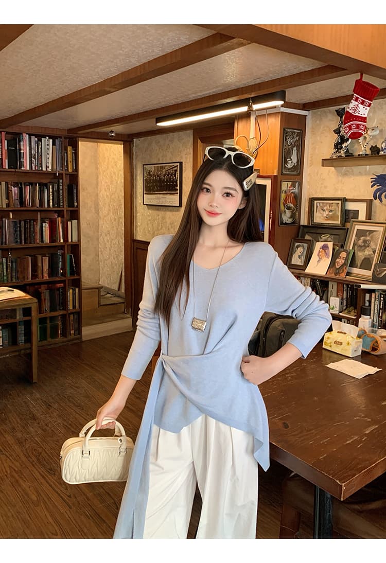 실사 2026 봄 드레스 새로운 지방 mm 빅 사이즈 여성 디자인 센스 V넥 허리 수축 슬림해 보이는 리본 긴팔 니트 맨위 상세 이미지 7