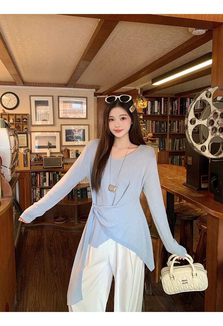 실사 2026 봄 드레스 새로운 지방 mm 빅 사이즈 여성 디자인 센스 V넥 허리 수축 슬림해 보이는 리본 긴팔 니트 맨위 상세 이미지 11