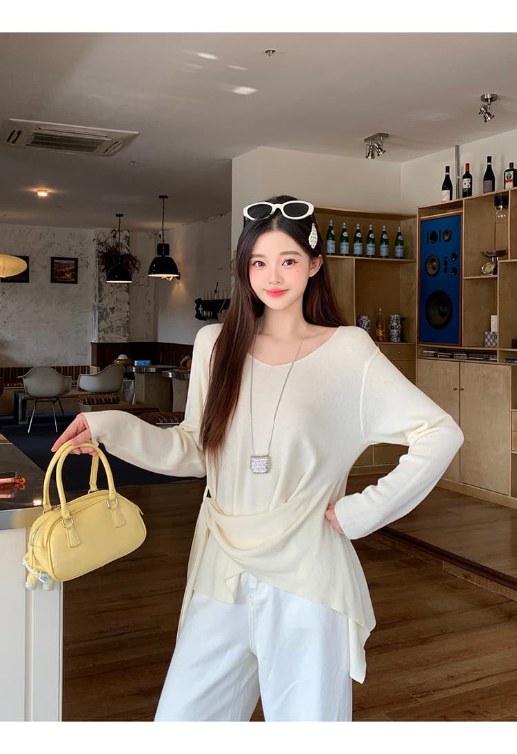 실사 2026 봄 드레스 새로운 지방 mm 빅 사이즈 여성 디자인 센스 V넥 허리 수축 슬림해 보이는 리본 긴팔 니트 맨위 상세 이미지 18