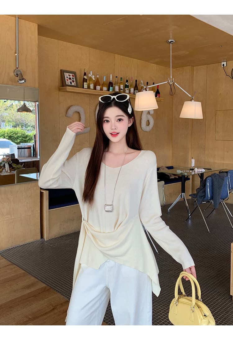 실사 2026 봄 드레스 새로운 지방 mm 빅 사이즈 여성 디자인 센스 V넥 허리 수축 슬림해 보이는 리본 긴팔 니트 맨위 상세 이미지 19
