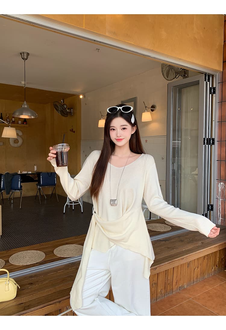 실사 2026 봄 드레스 새로운 지방 mm 빅 사이즈 여성 디자인 센스 V넥 허리 수축 슬림해 보이는 리본 긴팔 니트 맨위 상세 이미지 20