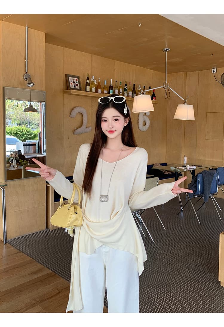 실사 2026 봄 드레스 새로운 지방 mm 빅 사이즈 여성 디자인 센스 V넥 허리 수축 슬림해 보이는 리본 긴팔 니트 맨위 상세 이미지 25