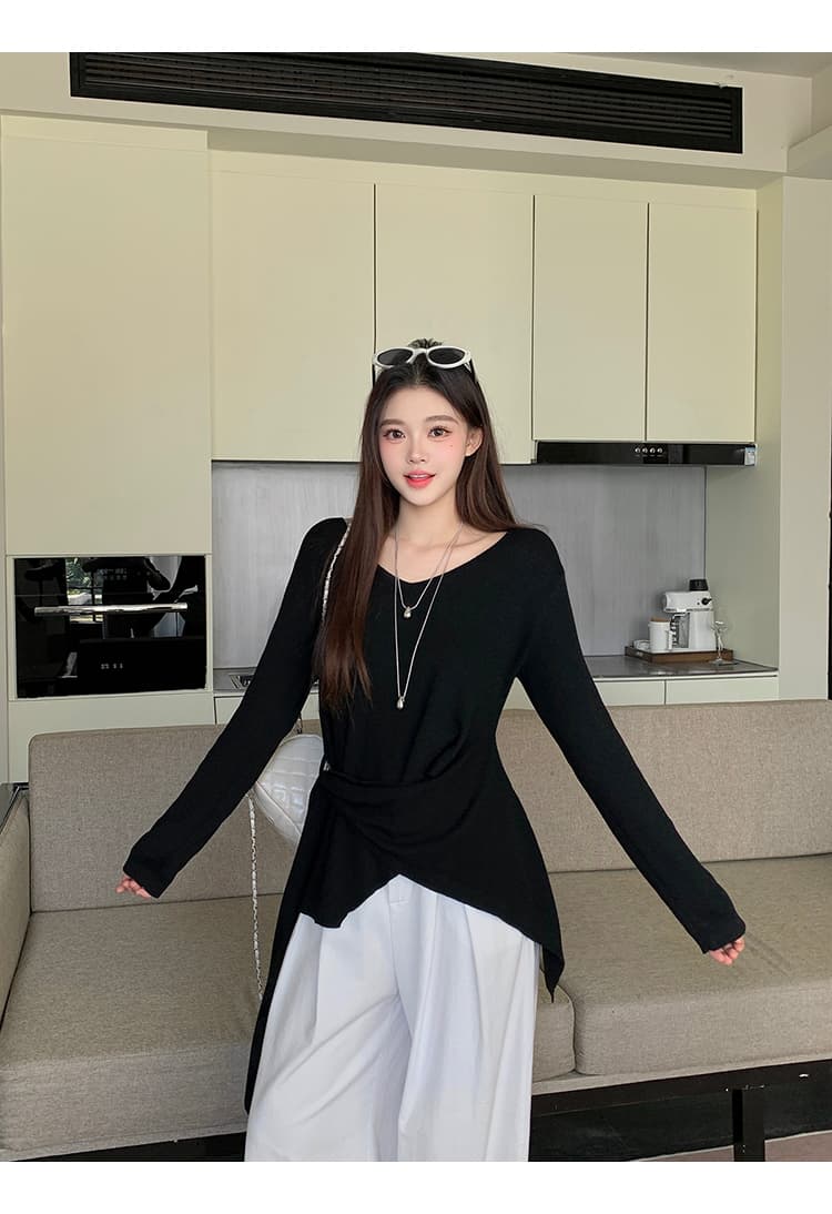 실사 2026 봄 드레스 새로운 지방 mm 빅 사이즈 여성 디자인 센스 V넥 허리 수축 슬림해 보이는 리본 긴팔 니트 맨위 상세 이미지 30