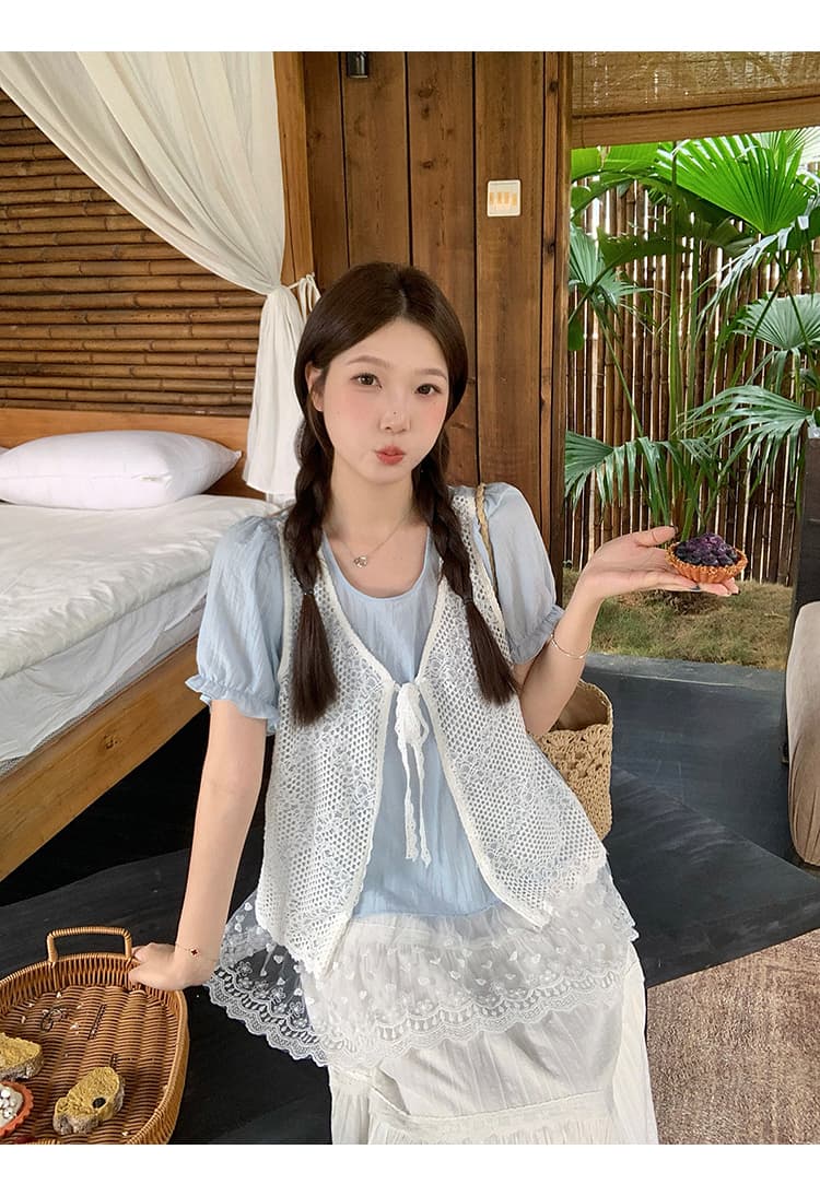 실사 2026 여름 드레스 새로운 지방 mm 빅 사이즈 여성 레이스 홀로우 아웃 니트 베스트 스택 착용 페이크 레이어드 작은 셔츠 맨위 상세 이미지 17