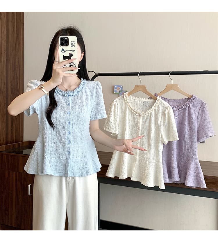 실사 2026 여름 드레스 새로운 지방 mm 빅 사이즈 여성 프랑스식 고급 센스 목이버섯 레이스 반팔 작은 셔츠 맨위 상세 이미지 14