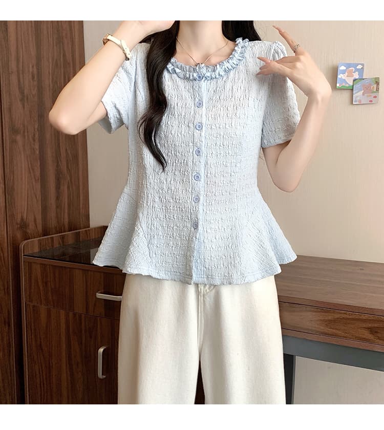 실사 2026 여름 드레스 새로운 지방 mm 빅 사이즈 여성 프랑스식 고급 센스 목이버섯 레이스 반팔 작은 셔츠 맨위 상세 이미지 17