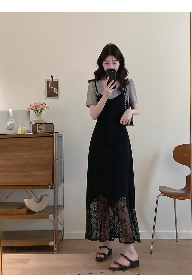 실사 2026 여름 드레스 새로운 지방 mm 빅 사이즈 여성 한 부서 고급 센스 페이크 레이어드 레이스 조각 드레스 상세 이미지 7