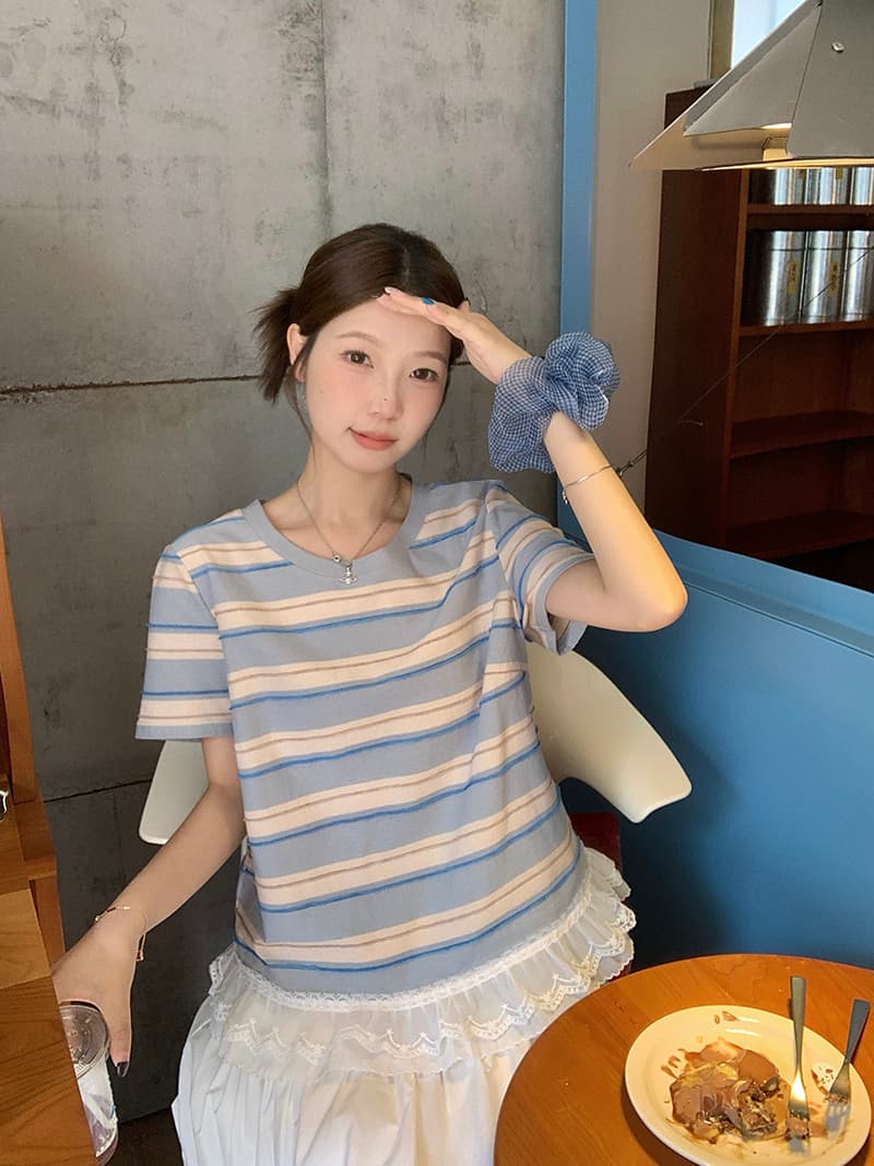 실사 2026 여름 드레스 새로운 지방 mm 빅 사이즈 여성 한 부서 디자인 센스 패치워크 레이스 레이스 스트라이프 반팔 티셔츠 이미지 2