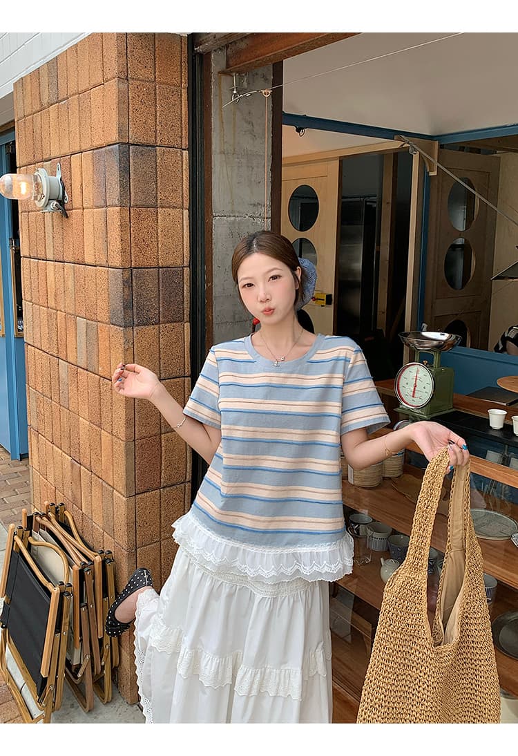 실사 2026 여름 드레스 새로운 지방 mm 빅 사이즈 여성 한 부서 디자인 센스 패치워크 레이스 레이스 스트라이프 반팔 티셔츠 상세 이미지 11