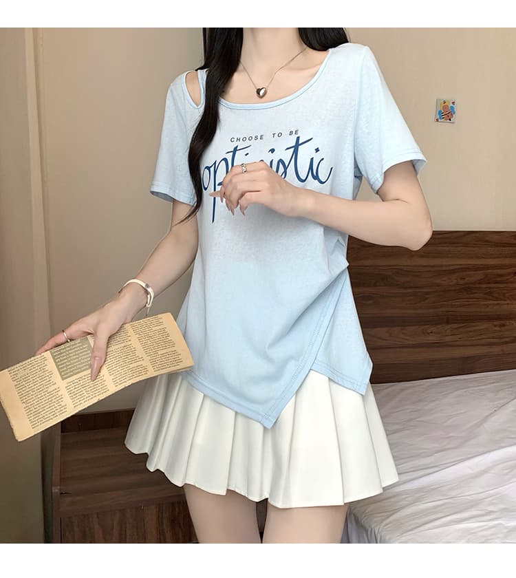 실사 2026 여름 드레스 새로운 지방 mm 빅 사이즈 여성 패션 순수한 욕망 오프숄더 프린트 알파벳 불규칙 반팔 티셔츠 상세 이미지 29